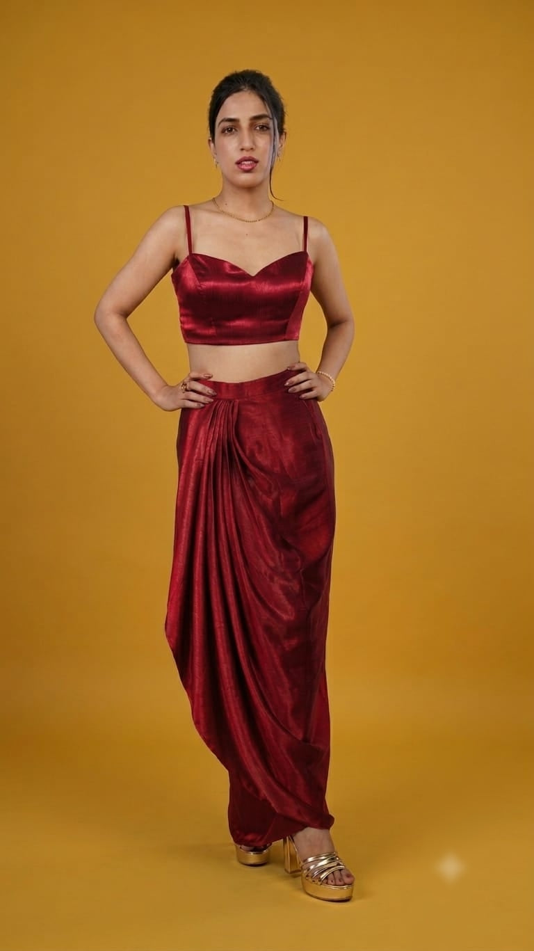A woman modeling a deep red velvet two-piece outfit consisting of a spaghetti-strap crop top and a draped high-waisted skirt, set against a solid mustard yellow studio background.