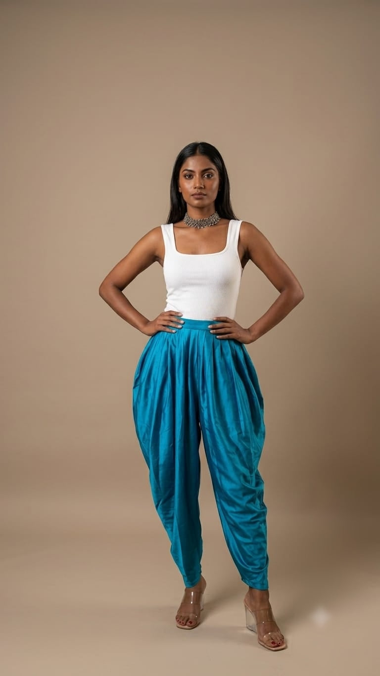 A woman modeling high-waisted, voluminous harem-style pants in a vibrant teal blue, paired with a white tank top and clear high-heeled sandals, against a solid beige studio backdrop.
