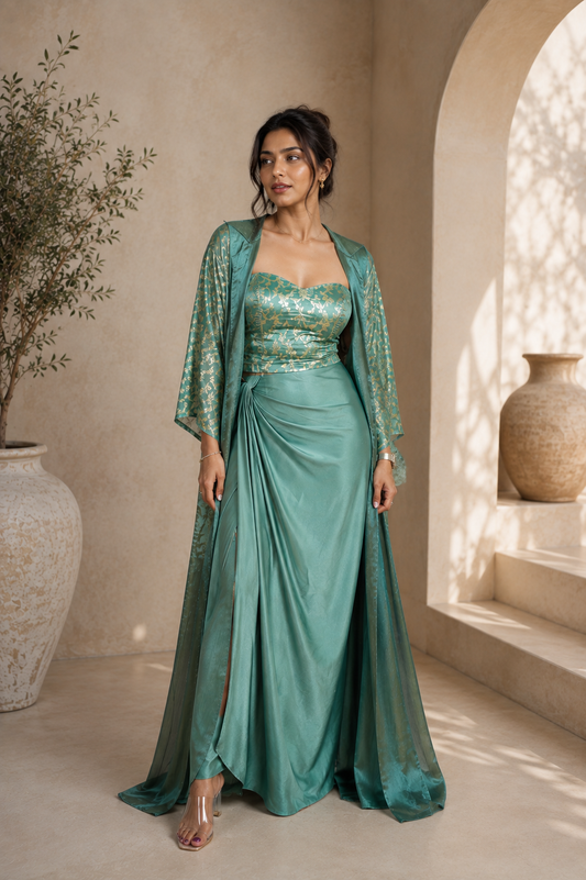 A woman models a floor-length sage green gown with a matching sheer embroidered overlay and a draped sash, set against a warm beige stone archway background.