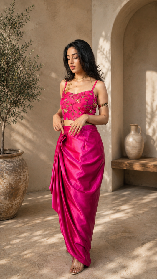 A woman wearing a bright fuchsia pink embroidered sari with a matching crop top, standing in a sunlit courtyard with beige walls, a potted tree, and a ceramic vase.