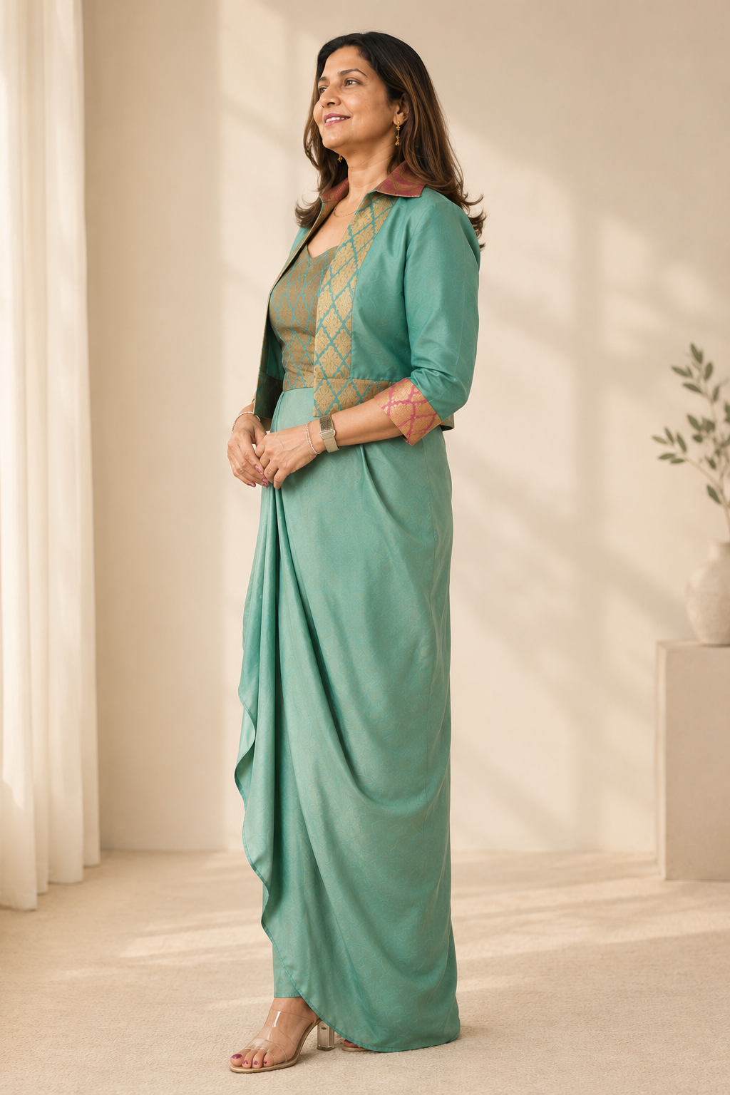 A woman models a sage green traditional outfit consisting of a draped skirt, a matching long-sleeve top, and a sheer embroidered jacket, set against a warm beige background with soft window shadows.