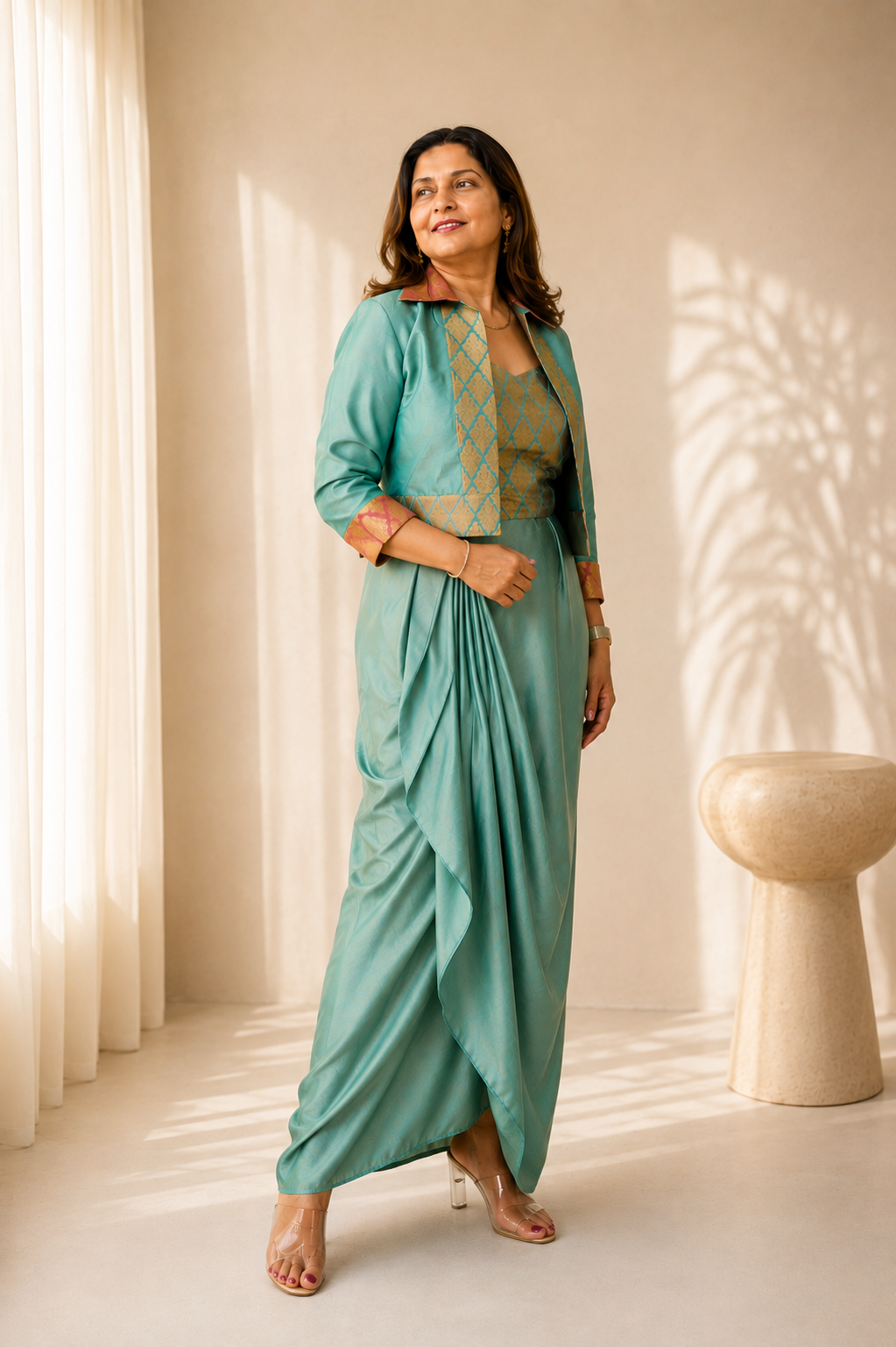 A woman models a sage green two-piece outfit consisting of a draped maxi skirt and a matching cropped jacket with gold embroidery, standing in a sunlit room with warm beige walls and shadows.