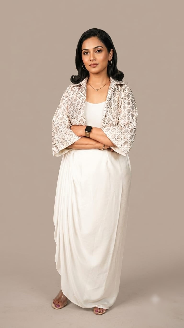 A woman modeling a white sleeveless dress with a matching white lace jacket, standing against a solid beige studio background.