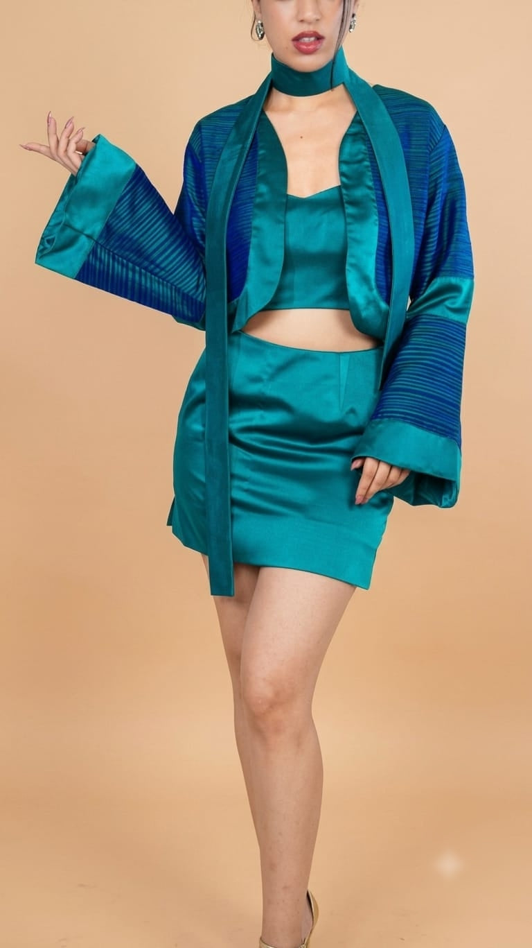 A model wearing a teal and blue satin two-piece outfit consisting of a crop top, matching mini skirt, and a striped open-front jacket, set against a solid beige background.